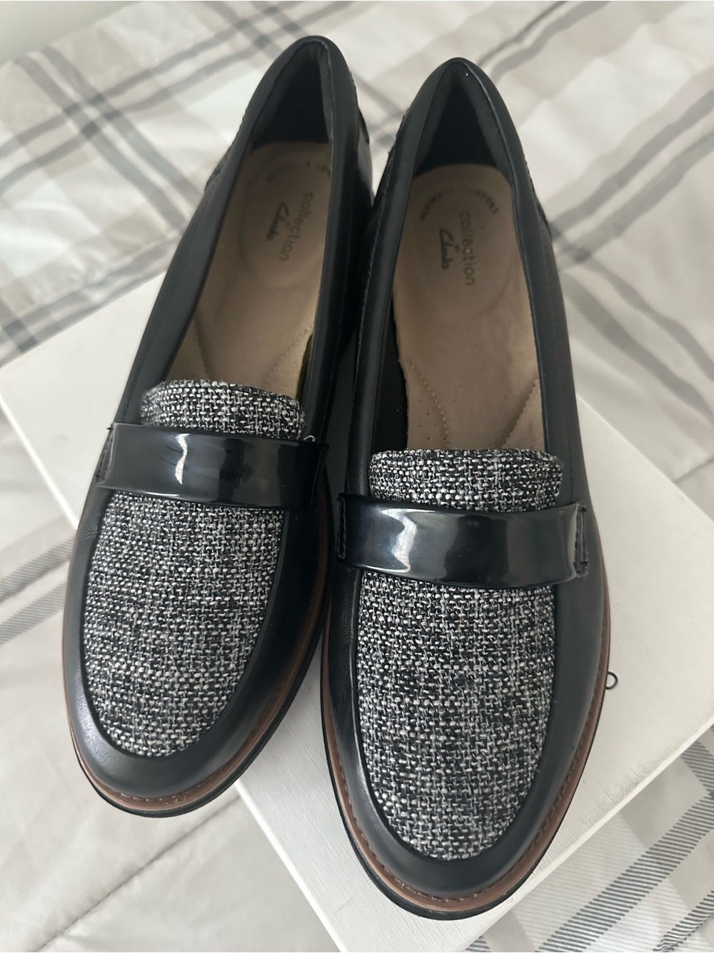 Clarks Black & Gray Tweed Penny Loafers